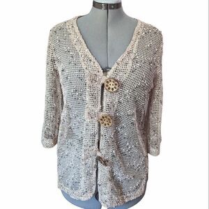 Women's Capri Beige Net Lightweight Buttoned Cover Up, Size Medium